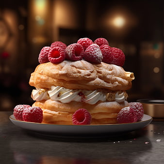 Delicious Raspberry Cream Pastry on White Plate