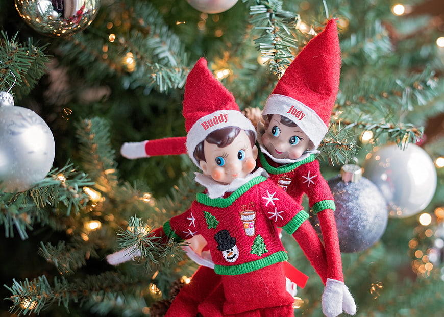 Christmas Elf Couple Named Buddy and Judy on Decorated Tree