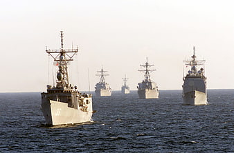 US Navy Warship Fleet Formation On Open Ocean