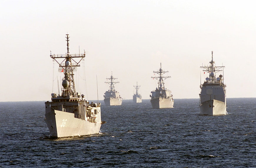 US Navy Warship Fleet Formation On Open Ocean