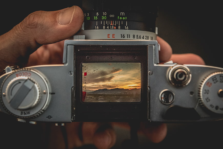 Vintage Film Camera Viewfinder Sunset Landscape