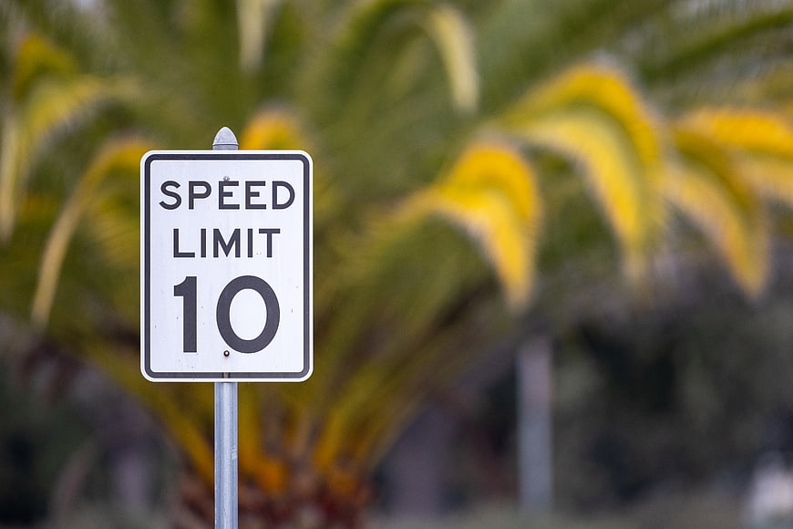 Speed Limit 10 Sign with Blurred Palm Tree Background