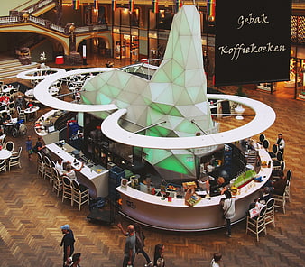 Modern Geometric Coffee Bar in Grand Shopping Mall Atrium