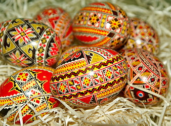 Traditional Romanian Pysanky Easter Eggs in Straw