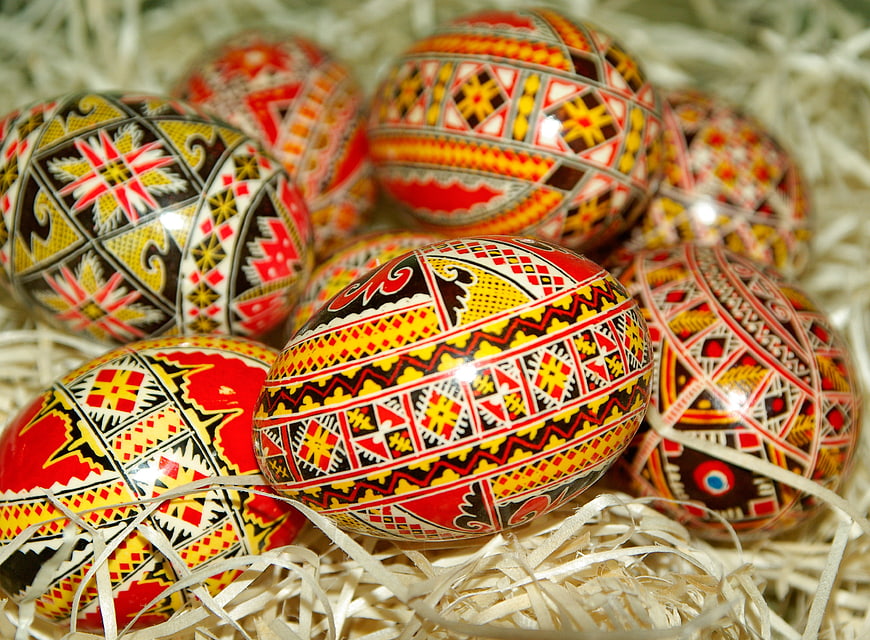Traditional Romanian Pysanky Easter Eggs in Straw