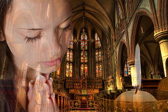 Double Exposure of Praying Woman and Gothic Church Interior