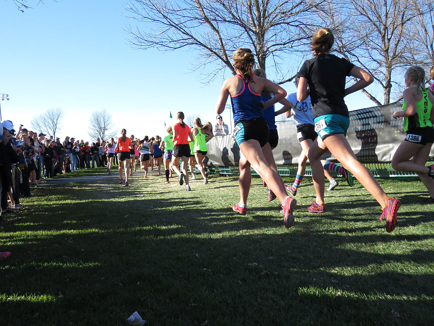 Female runners competing in a cross-country race on grass