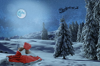 Girl in Red Coat Watching Santa's Sleigh in Snowy Night