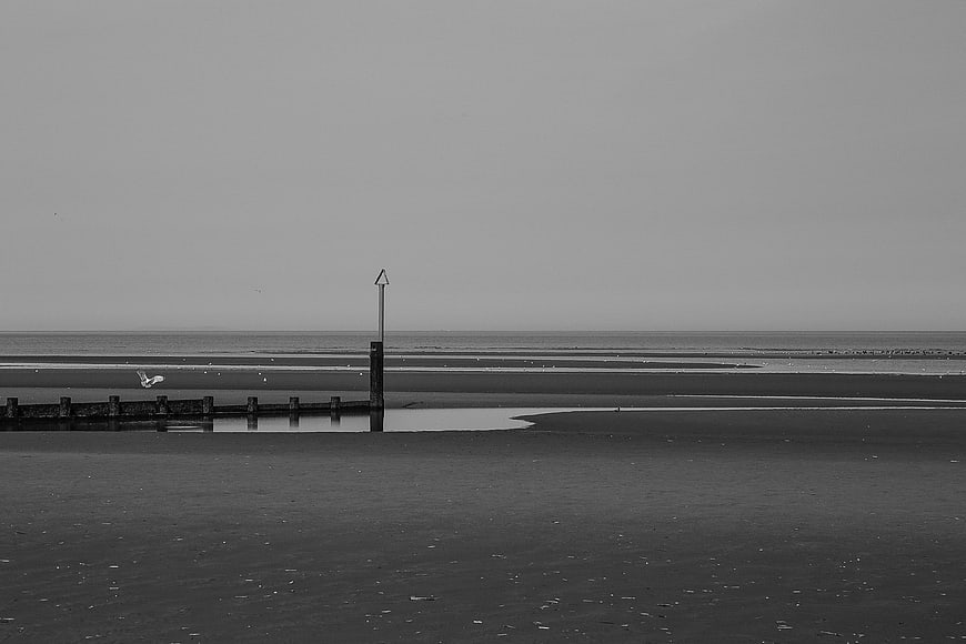 Minimalist black and white seascape with wooden breakwater