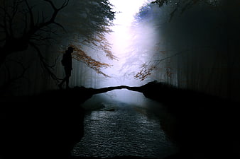Silhouette of a person standing on a natural rock bridge in a misty forest
