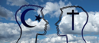 Conceptual graphic of Islam and Christianity symbols in head silhouettes