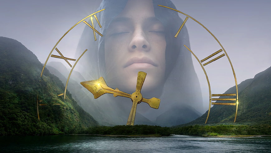 Surreal Fantasy Portrait With Golden Clock Face Over Misty Mountain Lake