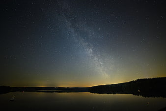 Milky Way Galaxy Over Calm Lake Night Sky Landscape