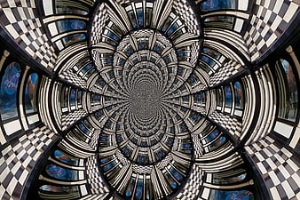 Abstract black and white checkerboard kaleidoscope pattern