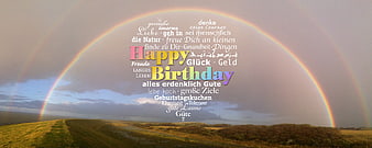 Double Rainbow Over Green Hills With Multilingual Happy Birthday Text Overlay