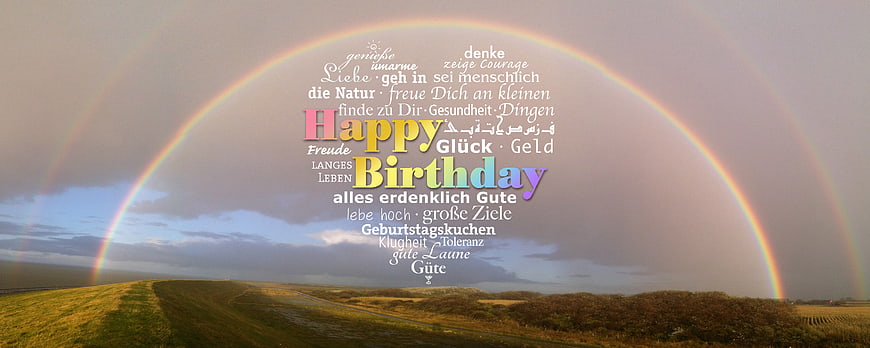 Double Rainbow Over Green Hills With Multilingual Happy Birthday Text Overlay