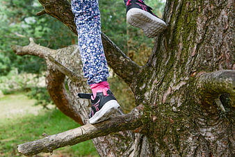 Child climbing tree in floral leggings and sneakers