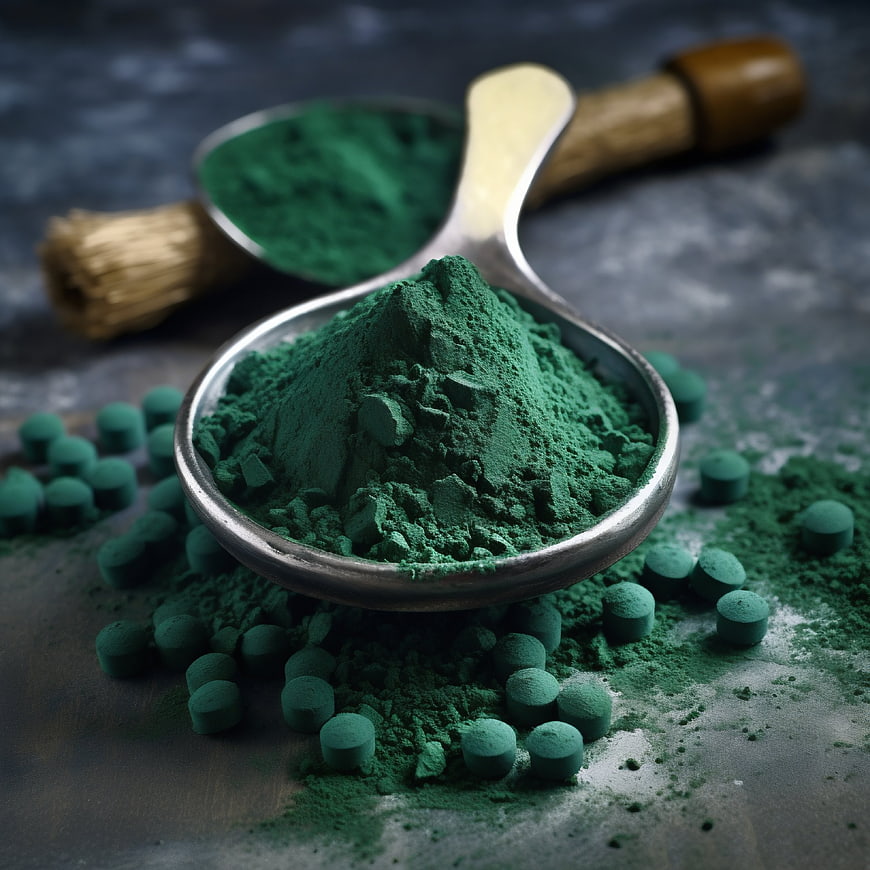 Green Spirulina Powder and Tablets on Spoon