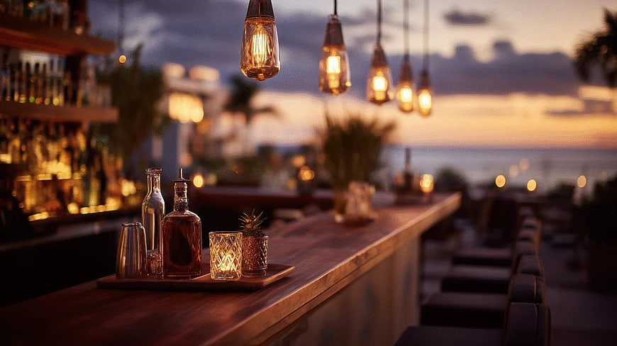 Cozy Outdoor Bar Counter with Drinks at Sunset