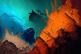 Abstract textured painting with teal and orange brushstrokes