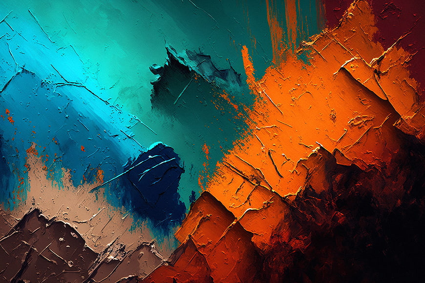 Abstract textured painting with teal and orange brushstrokes