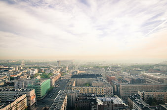 Hazy Morning Panorama of Warsaw Cityscape and Architecture
