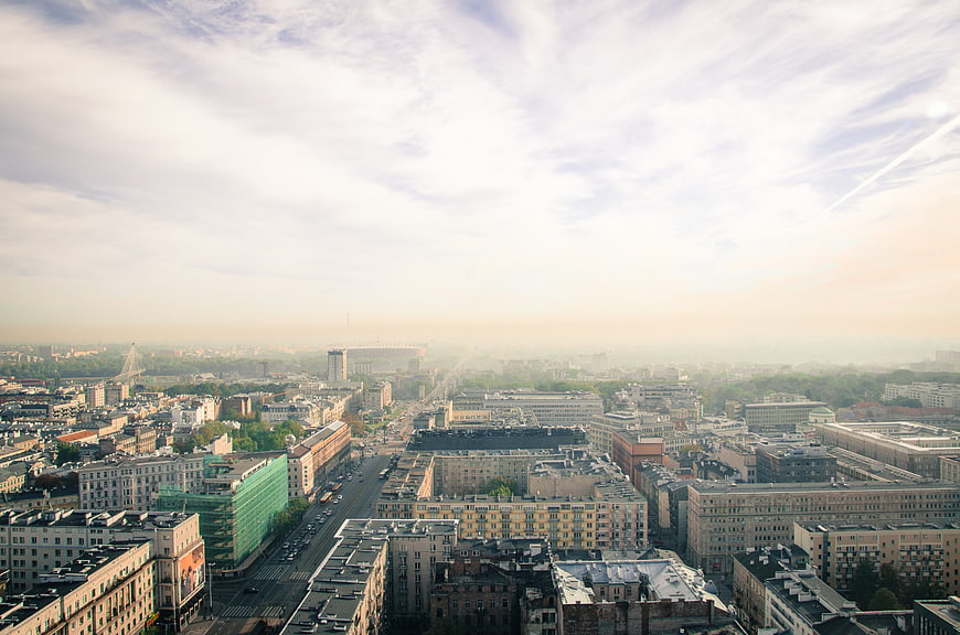 Hazy Morning Panorama of Warsaw Cityscape and Architecture