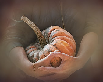 Woman holding large heirloom pumpkin in autumn