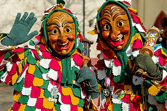 Two Swabian-Alemannic Carnival Performers in Colorful Flecklehäs Costumes