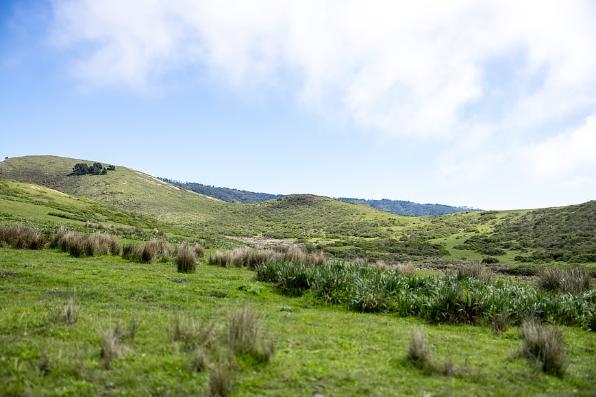 Scenic green rolling hills landscape with blue sky
