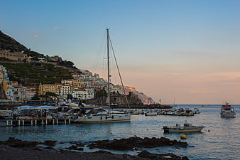 Sailboats in Positano Harbor at Sunset