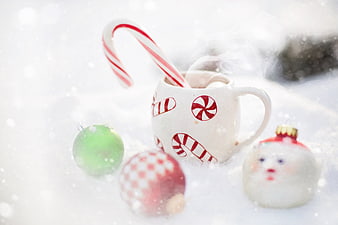 Festive Hot Chocolate Mug with Candy Cane in Snow