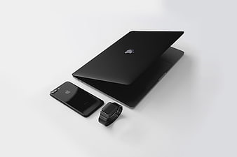Black Apple Ecosystem: Laptop, iPhone, and Watch on White Background