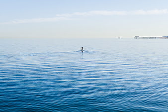 Lone paddleboarder on calm blue ocean with distant pier