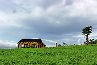 Yellow House on Green Hill Under Cloudy Sky