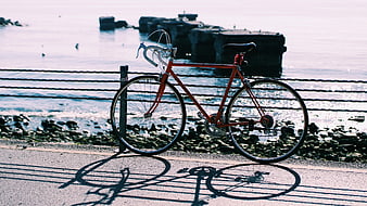 Red bicycle parked by the seaside with dramatic shadows