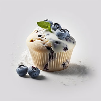 Blueberry Muffin with Cream Frosting and Mint Garnish