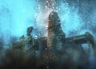 Mystical Underwater Ancient Ruins And Statue Fantasy Digital Art