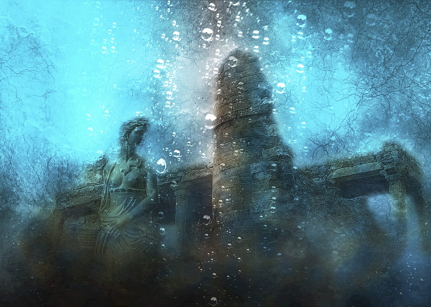 Mystical Underwater Ancient Ruins And Statue Fantasy Digital Art