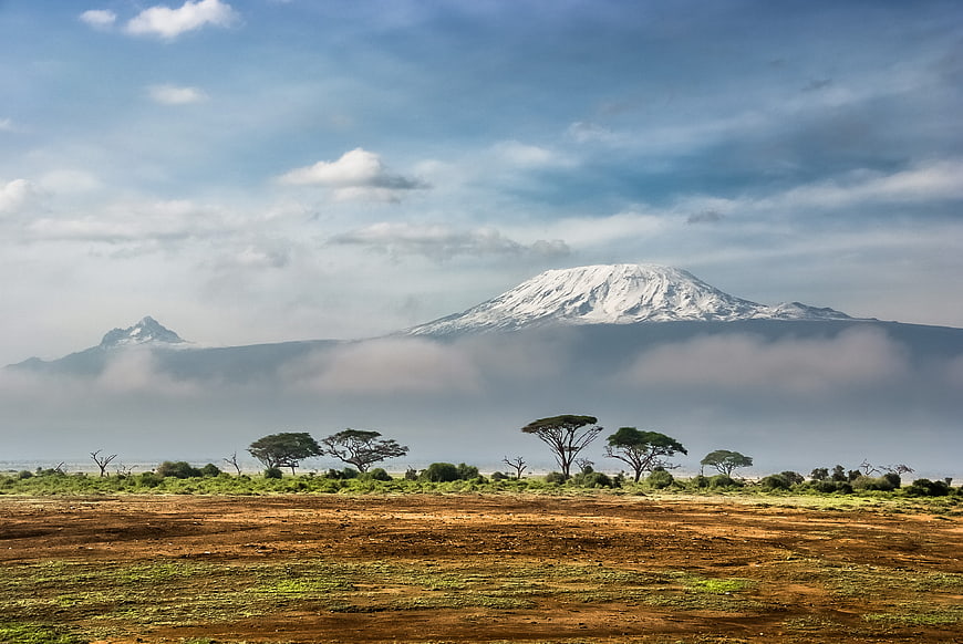 Snow-capped Kilimanjaro Mountain with Acacia Trees in Savanna