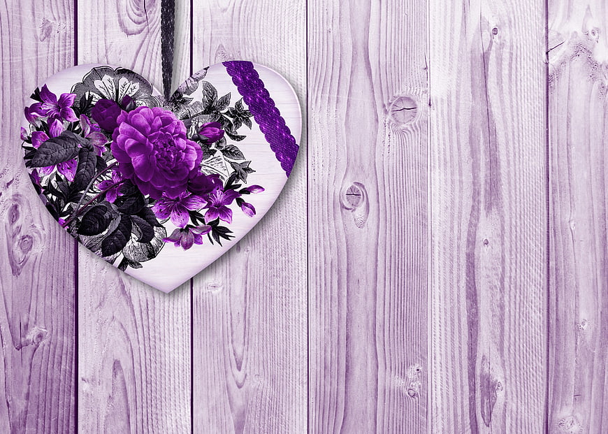 Purple Floral Heart Ornament on Vintage Wooden Background