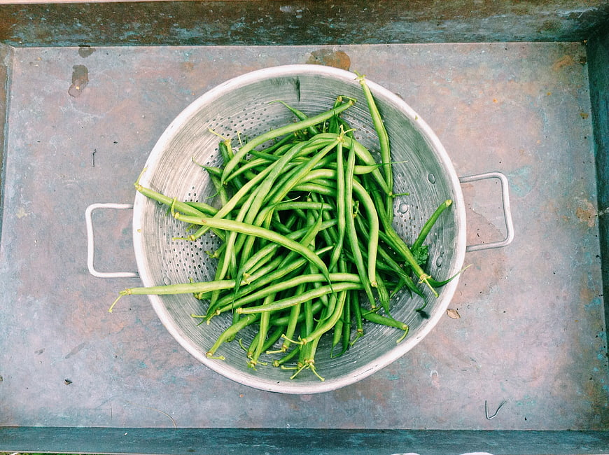 Fresh Green Beans in Metal Colander Top View