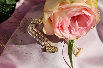 Vintage Pearl Bracelet with Pink Rose on Lavender Fabric