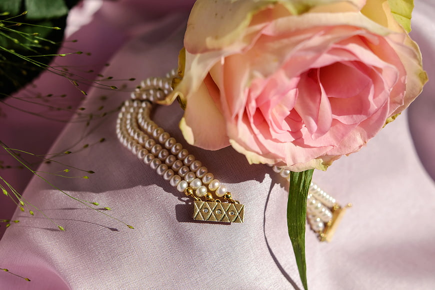 Vintage Pearl Bracelet with Pink Rose on Lavender Fabric