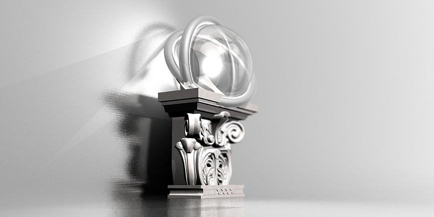 3D Render of Classical Column with Glowing Orb and Light Rays