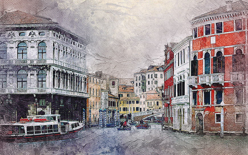 Venice Canal Watercolor Painting With Historic Buildings And Boats