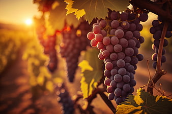 Ripe Red Grapes on Vine at Golden Hour Sunset