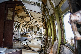 Interior of a destroyed abandoned airplane fuselage