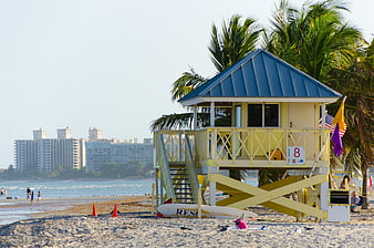 Yellow Lifeguard Tower on Tropical Beach with Palm Trees