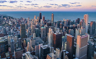 Aerial View of Chicago Skyline at Sunset Over Lake Michigan